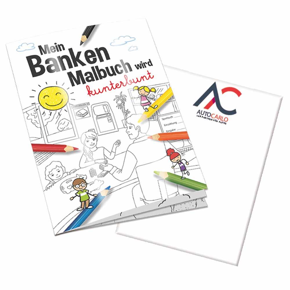 Malbuch / Mal-Set A6 - Banken - Malbuch mit 2-c Logoeindruck