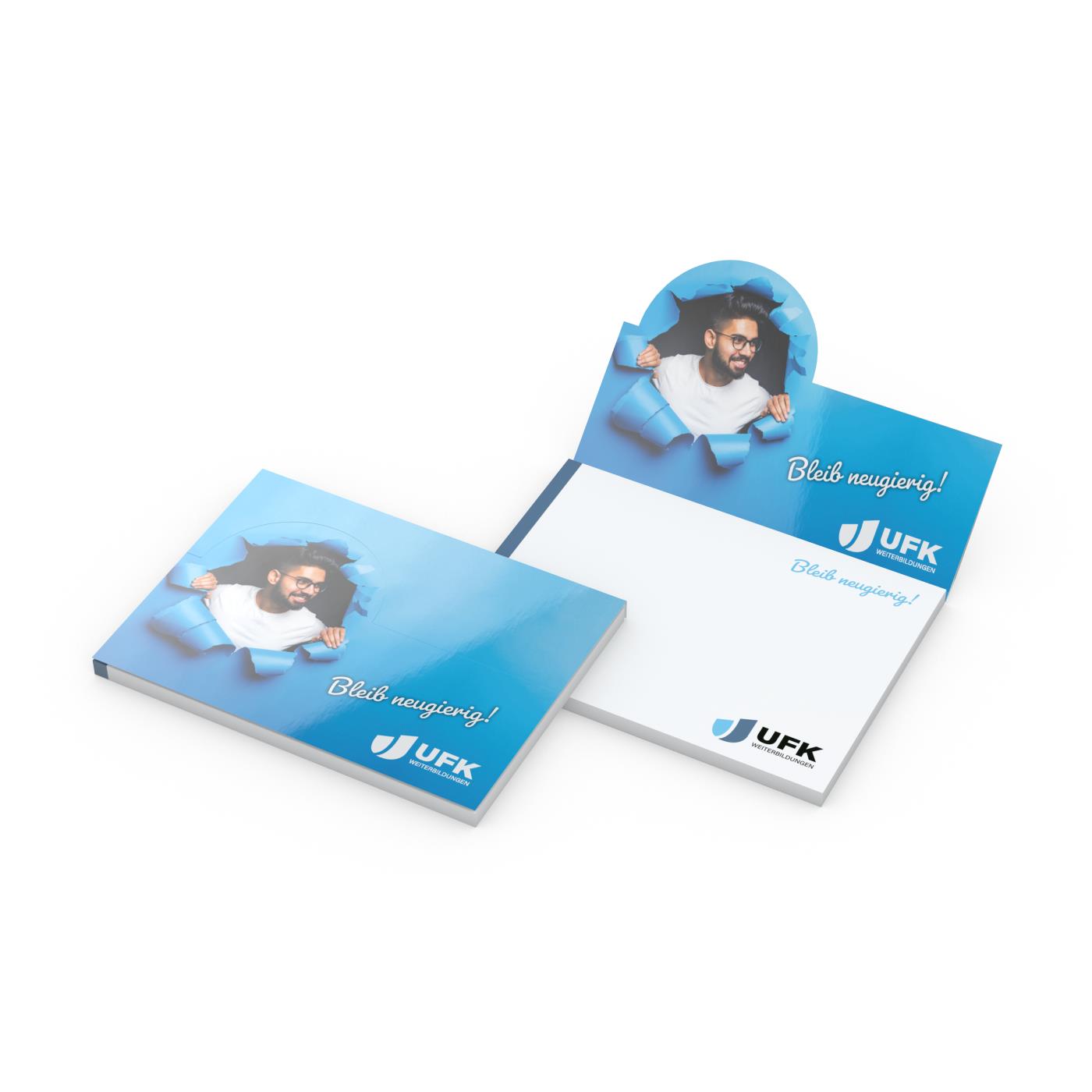 Haftnotizblock Cover Pop-Up Aufsteller formgestanzt Karton-Umschlag