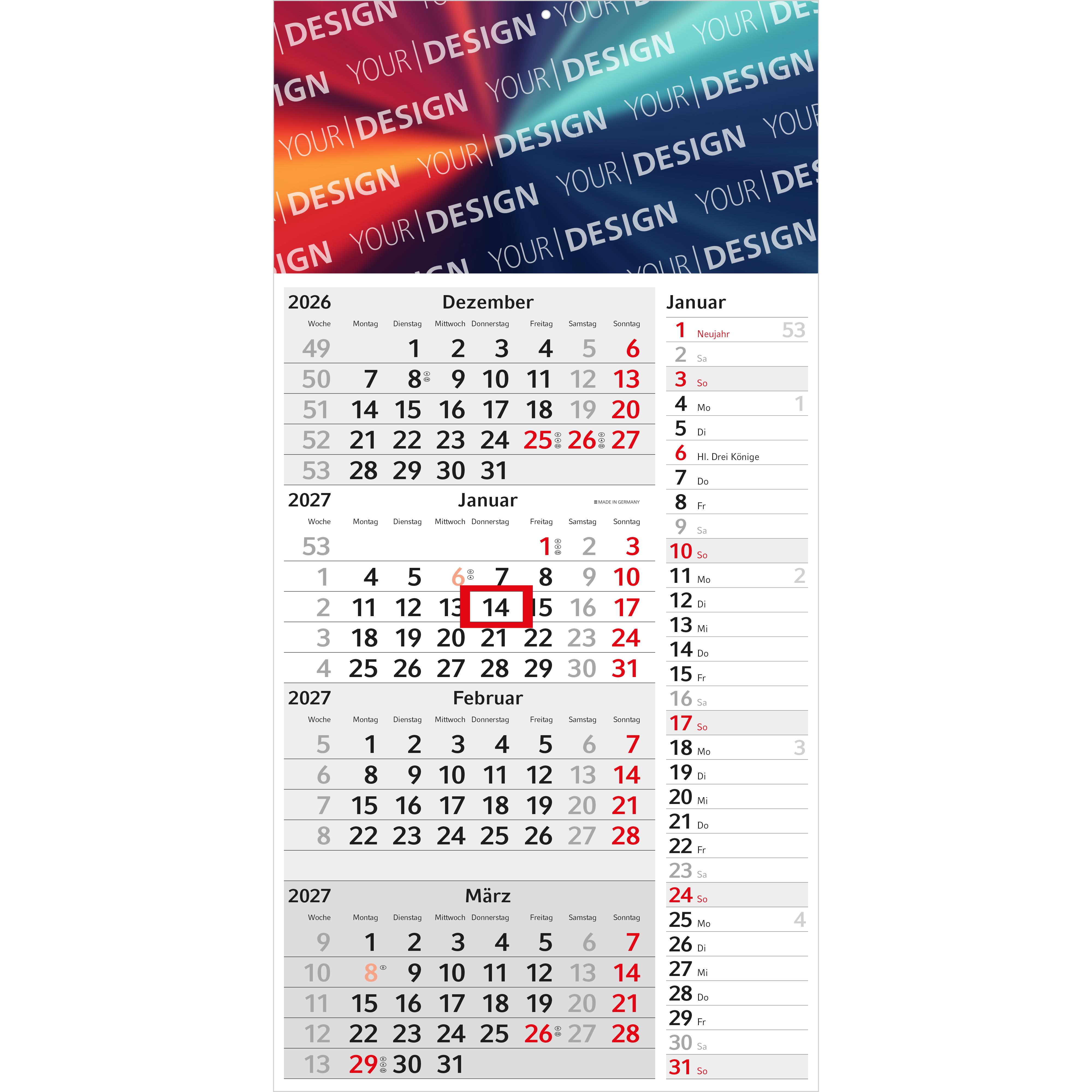 4-Monatskalender Einblatt Konzept 4 Post mit
