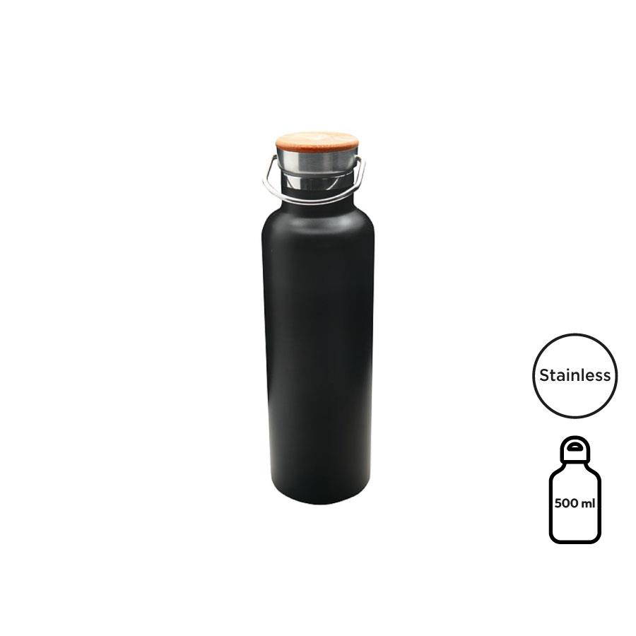 Doppelwandige Flasche  Arima , schwarz, Bambusdeckel, 500ml