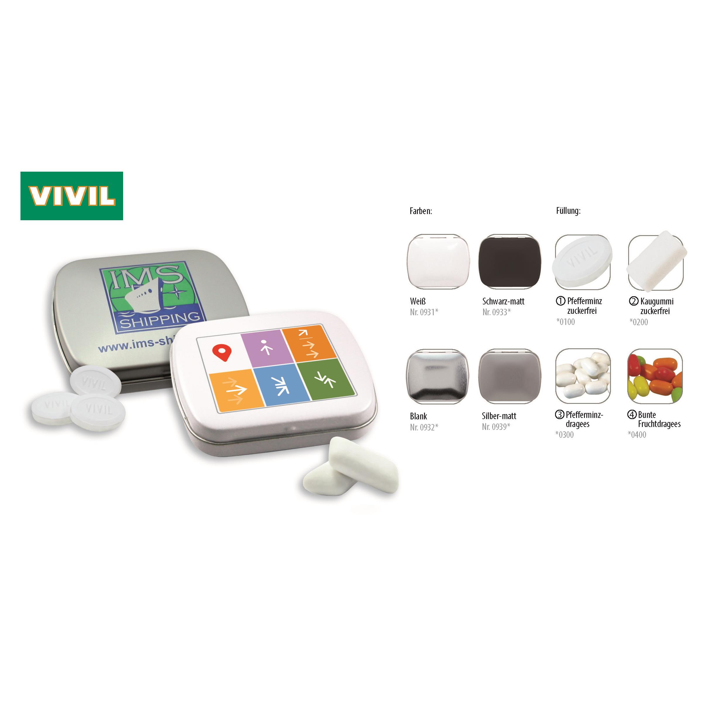 Klapp-Dose-59, silber-matt 20 g, Inhalt: Pfefferminzdragees (Dose)