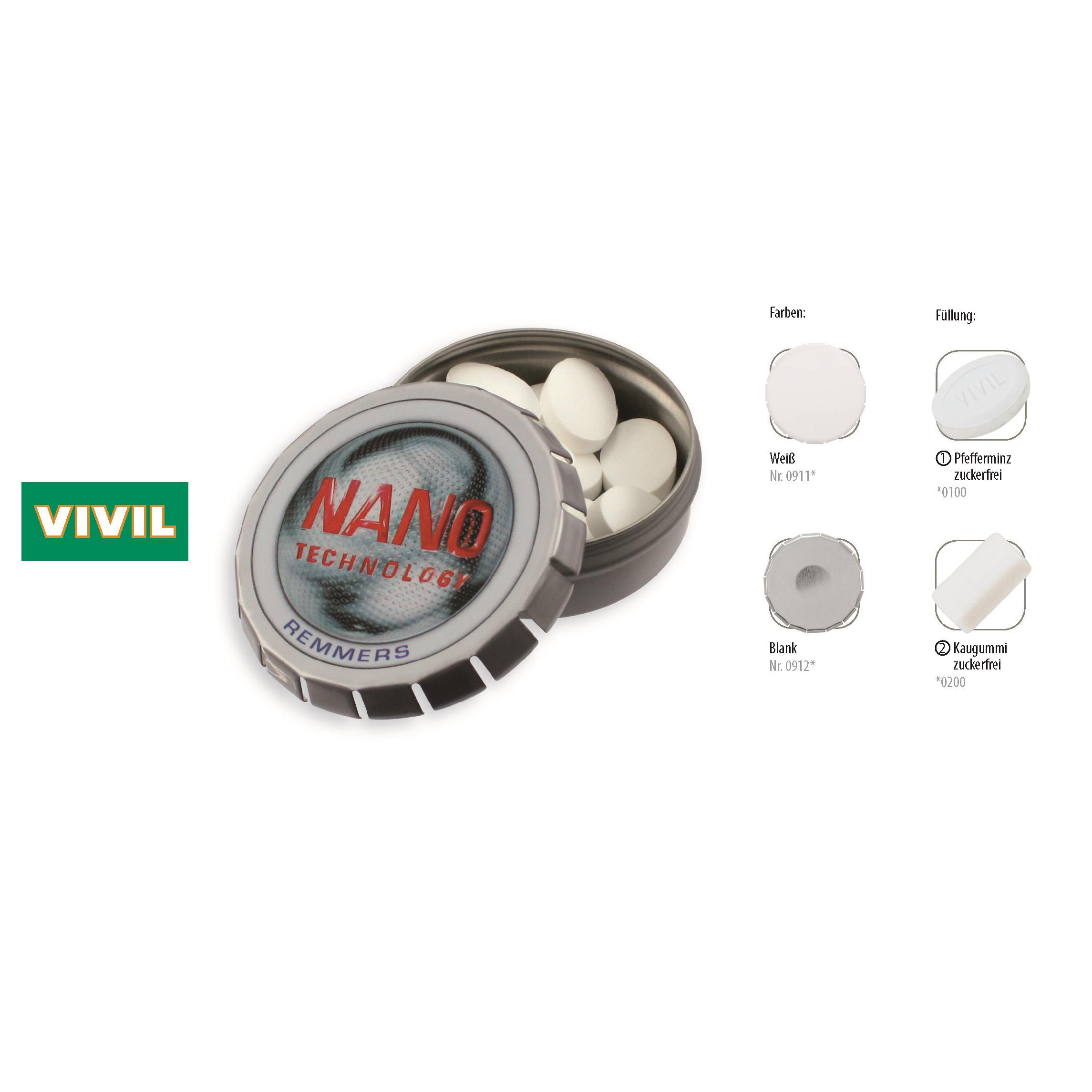 Klick-Dose-57, blank 20 g, Inhalt: Kaugummidragees zuckerfrei (Dose)