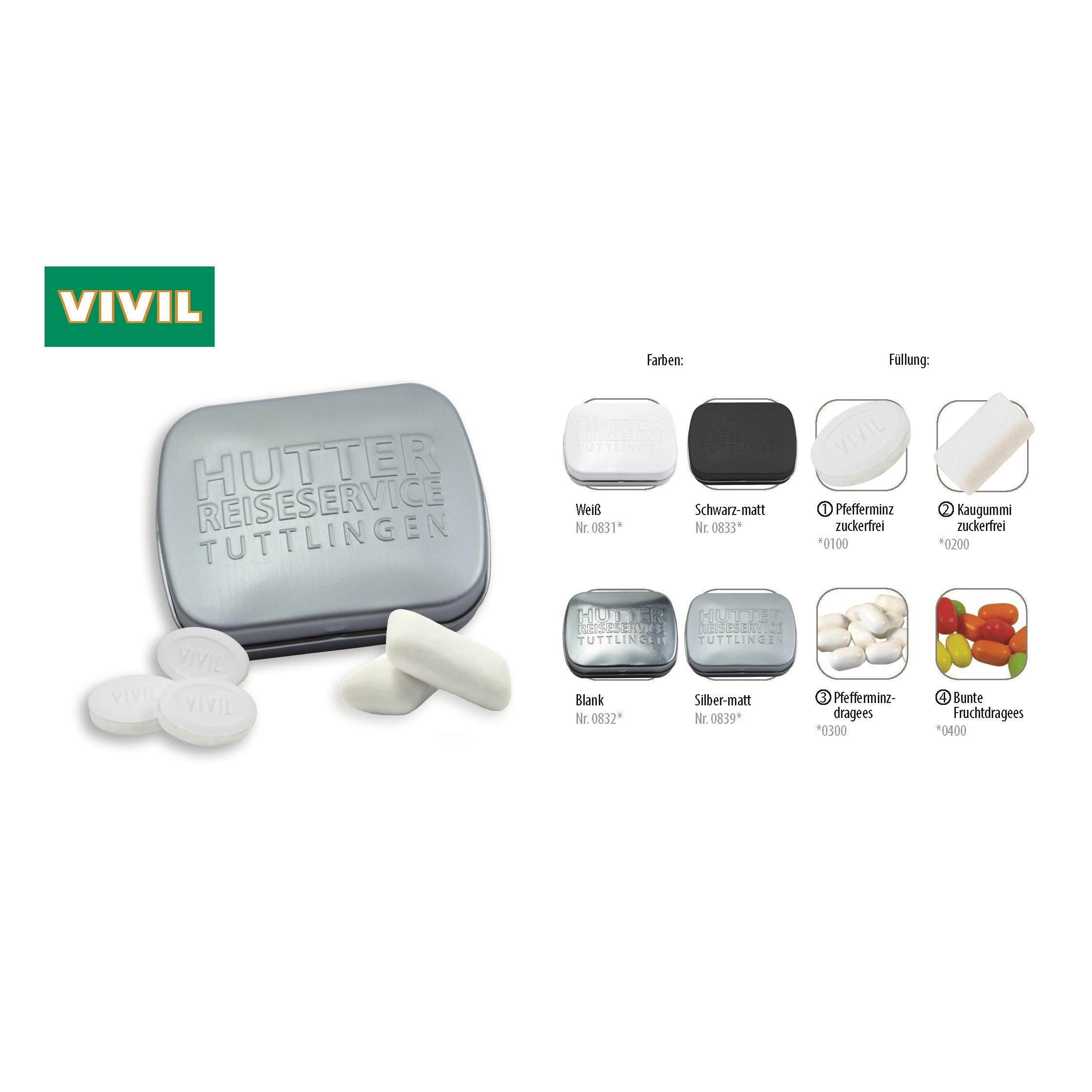 Klapp-Dose-59 geprägt, weiß 20 g, Inhalt: Pfefferminzdragees (Dose)