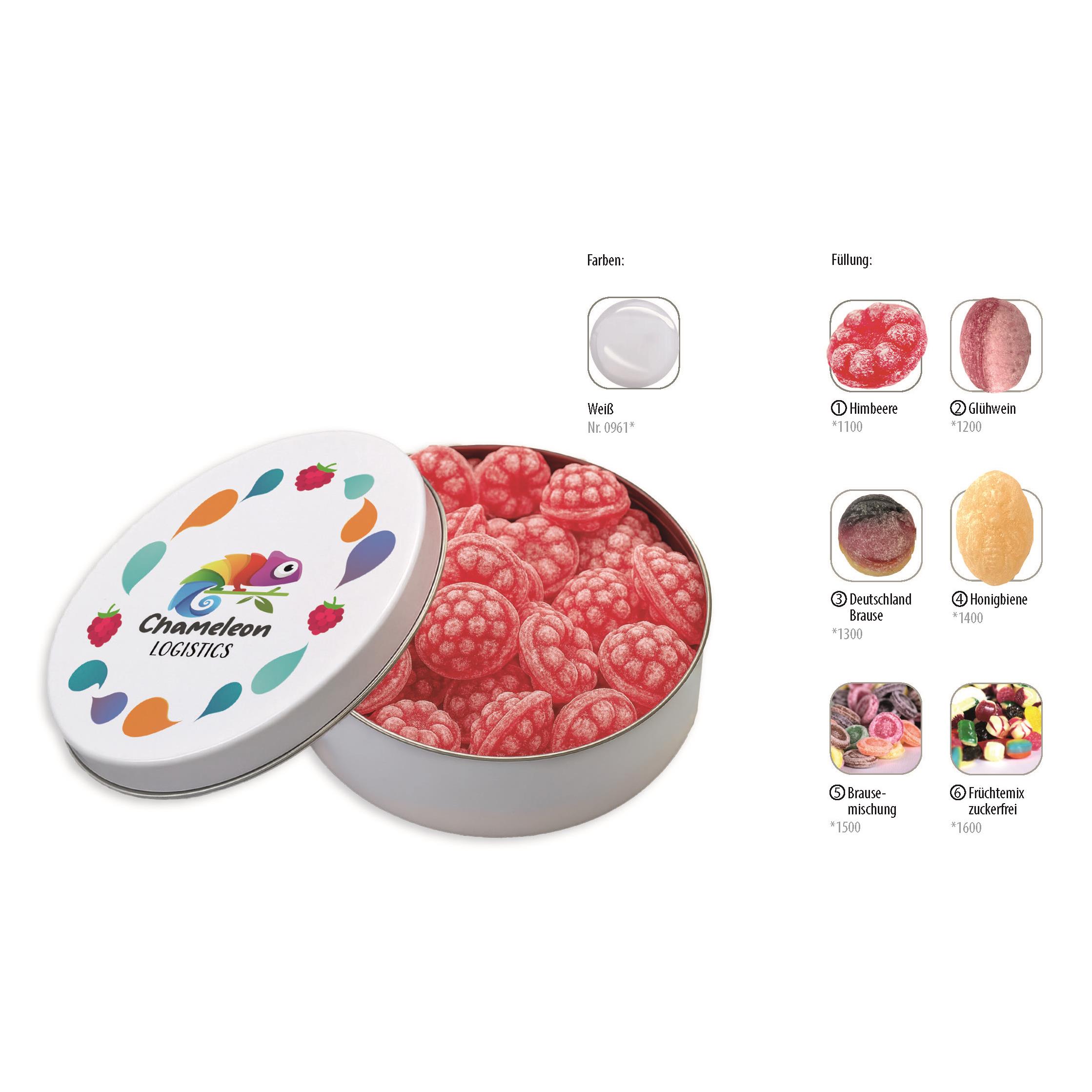 Runddose 99, weiß 120 g, Inhalt: Bonbons Früchtemix zuckerfrei