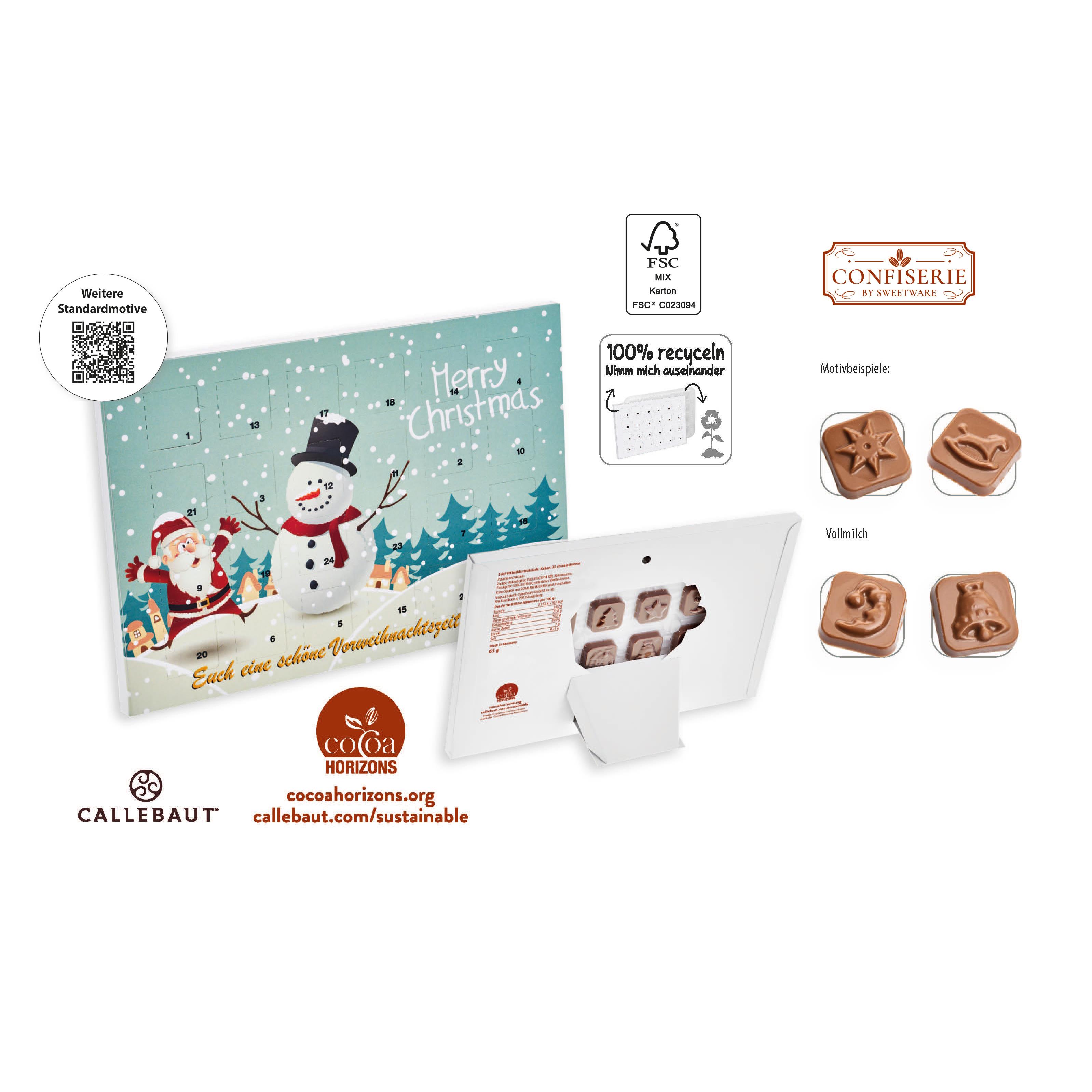 Tisch Adventskalender Standardmotiv,   60 g, Inhalt: Callebaut Vollmilch Schokolade Kalender