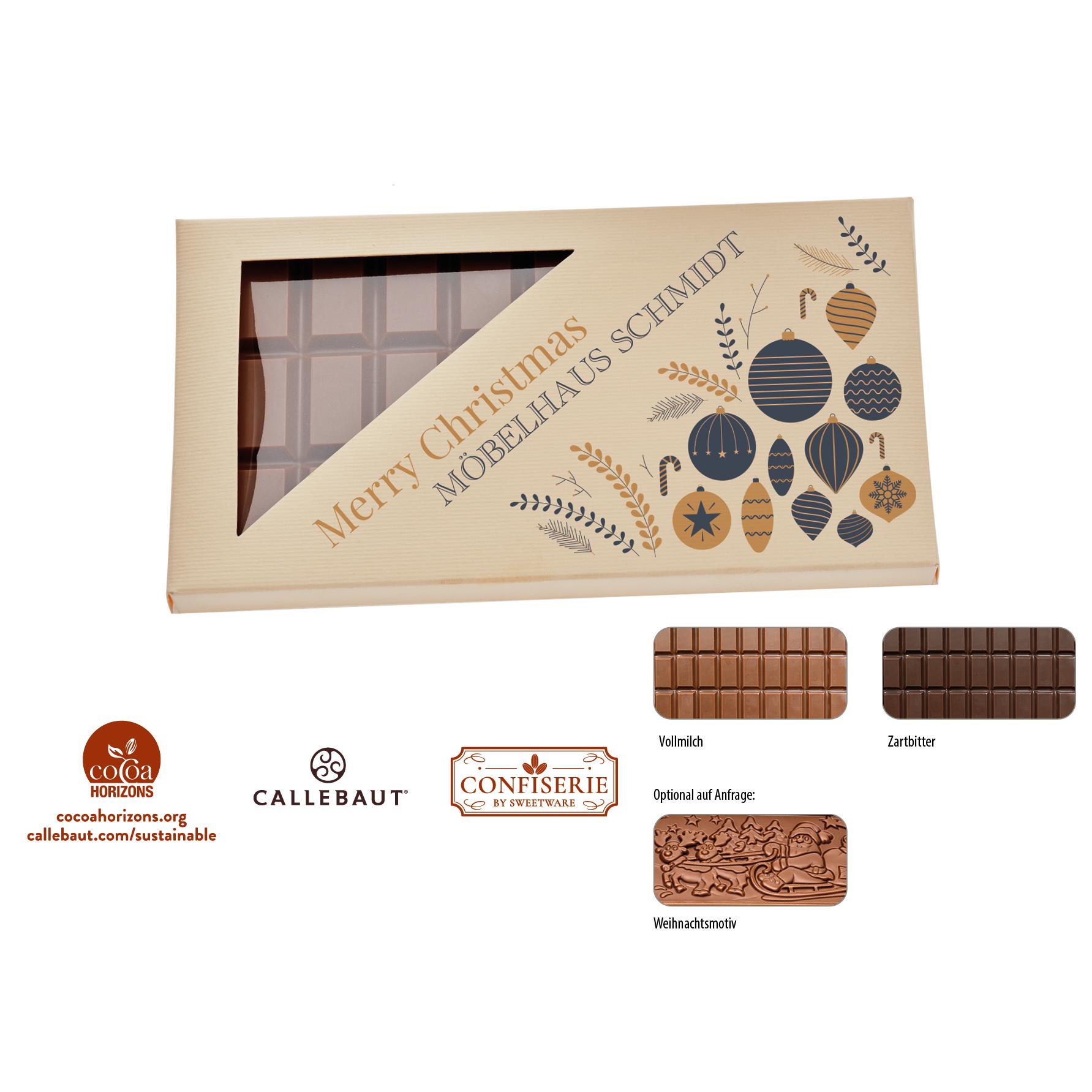 Schokolade 100 g Tafel im Karton,   1 Stück, Inhalt: Callebaut Vollmilch Schokolade Kalender