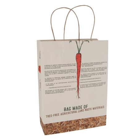 Tasche aus 50% baumfreies Papier 130 gsm, hergestellt aus landwirtschaftlichen Reststoffen 180x90x230 mm.