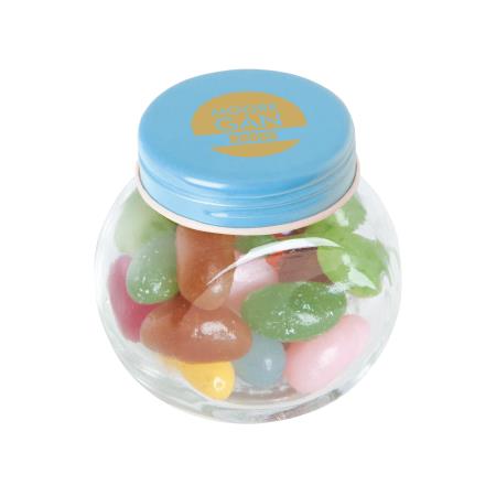Bonbonglas mini gefüllt mit ca. 40 gr. Jelly Beans mit farbigem Deckel