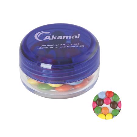 Runde Plastikdose mit farbigem Deckel gefüllt mit ca. 12 gr. Schokocarletties