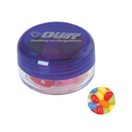 Runde Plastikdose mit farbigem Deckel gefüllt mit ca. 12 gr. Jelly Beans