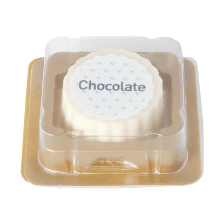 Logo-Praline aus weißer Schokolade mit Haselnuss Praliné Füllung, rechteckig oder rund, bis 4-c-bedruckt, Einzelverpackung