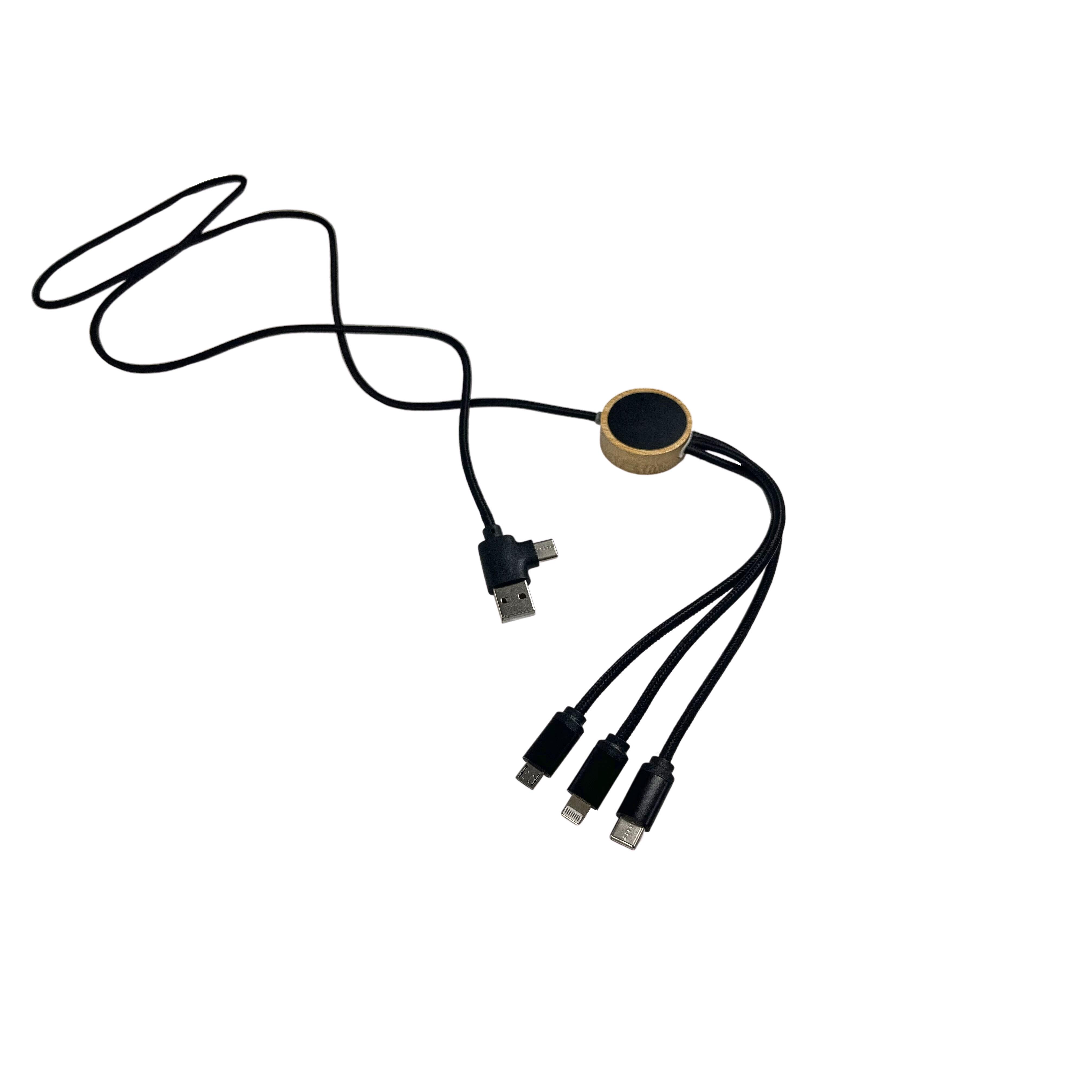 3in2 Ladekabel mit LED Leuchtlogo 120cm Bambus