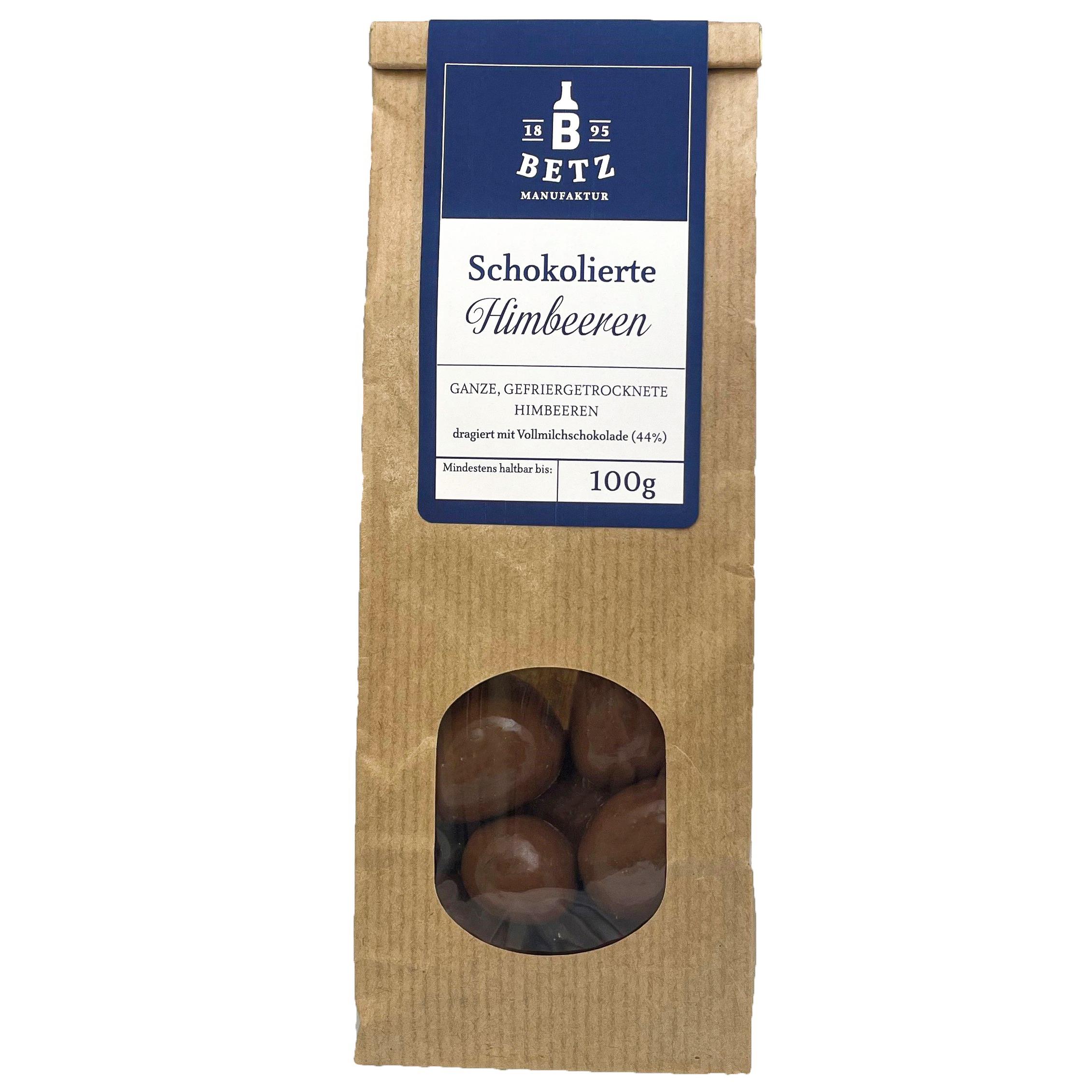 Schokolierte Himbeeren mit Vollmilchschokolade,  80 g in Präsentkartonage